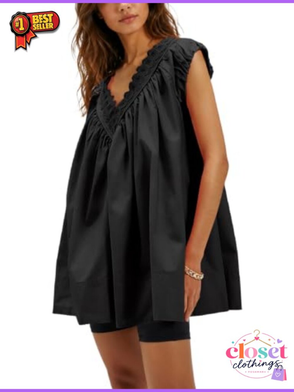 Shy Velvet 100% Cotton Boho Lace V-Neck Tunic Top with Puff Sleeves